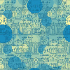 Cute seamless pattern of doodle houses.