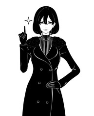 指を立てる女性 / 冬コート / 自信