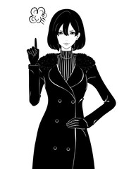 指を立てる女性 / 冬コート / 注意