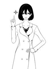 指を立てる女性 / 春コート / 自信