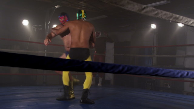 Masked wrestlers fight in ring