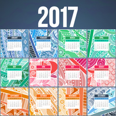 Zentangle colorful calendar 2017 hand painted in the style of floral patterns and doodle. Ornate, elegant and intricate style.
