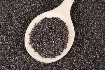 Poppy seeds on wooden spoon