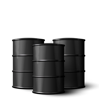 Three Realistic Black Metal Of Oil Barrels Isolated 