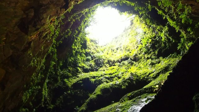 The Algar do Carvao - volcanic vent located in the center of the island of Terceira, Azores, Portugal 
