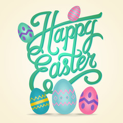 Happy easter card illustration with easter eggs and original lettering, for advertising, postcards and invitations