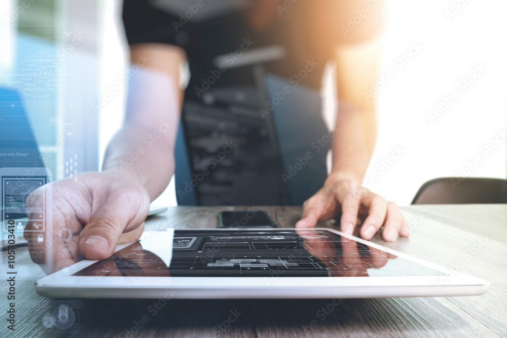 Poster website designer working digital tablet and computer laptop and