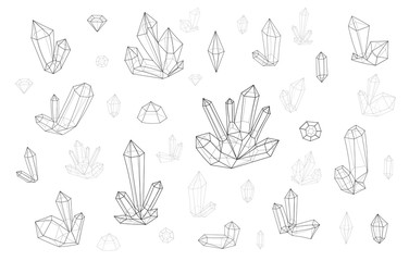 Set 18 isolated fashion crystal. Monochrome diamonds in lines hipster style. Stylish crystal design in outlines. Clear surrealistic crystals. Stylized gems. Natural stones. Diamonds and rhinestones.