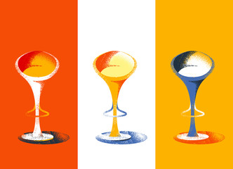 Bar stools in a retro style with grunge texture. Retro Chair. Print Chair. Retro poster. Advertising furniture vintage. Chair with texture. Bar stool set. Chairs in red, Orange and yellow, blue colors