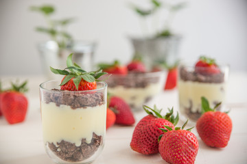 Vanillepudding mit Schokokeksen und Erdbeeren 