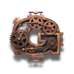 g rusted letter with gears on white