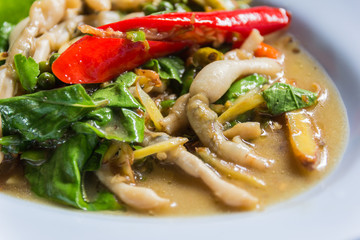 Thailand Food mushrooms with ginger chilli pepper .