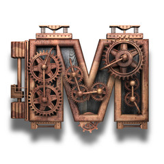 m rusted letter with gears on white