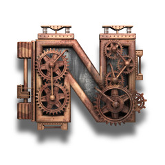 n rusted letter with gears on white