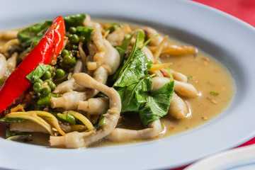 Thailand Food mushrooms with ginger chilli pepper .