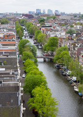 Amsterdam viewed from above with tree lined canal