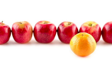 Single orange infront of line of apples