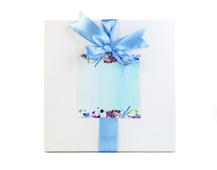 Gift boxe with blue ribbons on a white background