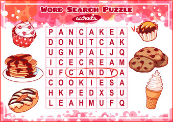 Word search puzzle with sweets.