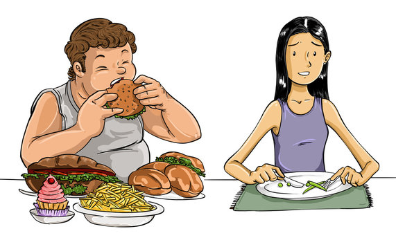 Ilustración de hombre y mujer con anorexia trastornos alimenticios 