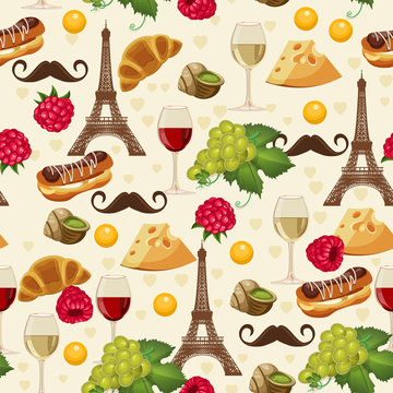Seamless pattern in french style with food. Background for menu, cafeteria, cafe, restaurant with french cuisine.