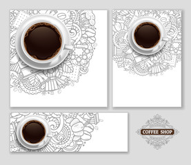 Coffee Designs Templates Set in Outline Hand Drawn Doodle Style with Different Objects on Coffee Theme.  Realistic Vector Coffee Cup on Center. Vector Illustration. 