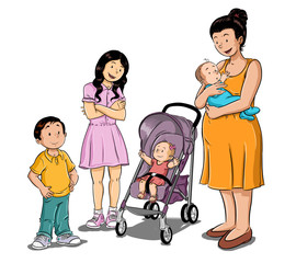 Ilustración de mujer embarazada con sus hijos de diferentes edades