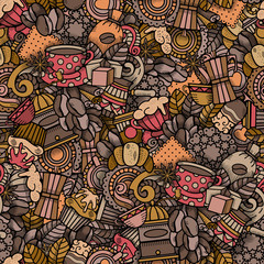 Coffee Seamless Pattern in Outline Hand Drawn Doodle Style with Different Objects on Coffee Theme. All elements are separated and editable.  Vector Illustration. 