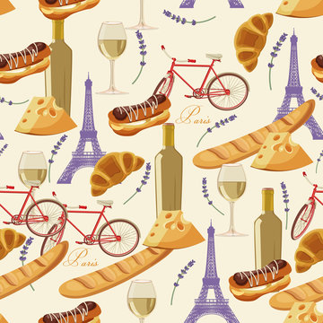 Seamless pattern in french style with food. Background for menu, cafeteria, cafe, restaurant with french cuisine.