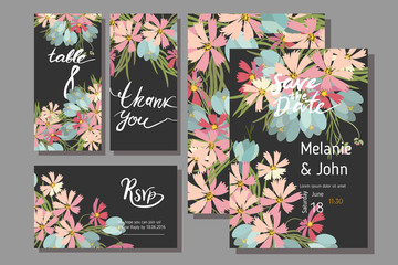 Floral cosmos flowers and crocus retro vintage background