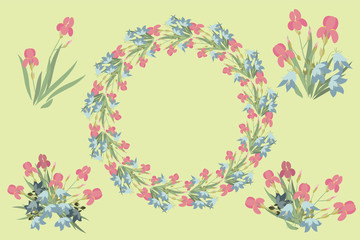 Floral Iris and bell flowers retro vintage background