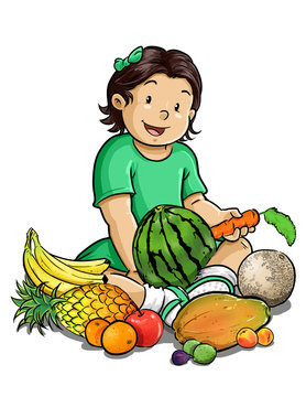 ilustraci&oacute;n de ni&ntilde;a sentada junto a gran variedad de fruta 