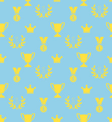 Seamless pattern of the prize cups, laurel wreaths, medals, crow