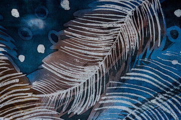 Feathers, hot batik, background texture, handmade on silk, abstract surrealism art
