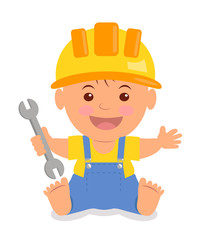Fototapeta na wymiar Toddler in the construction hardhat with a wrench in his hand. Isolated child in a helmet, yellow T-shirt and blue overalls with suspenders.