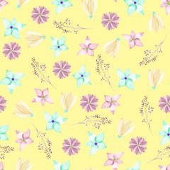A seamless floral pattern with watercolor hand-drawn pink, blue and purple spring flowers, painted on a yellow background