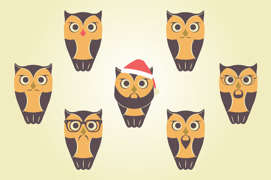 Vector Owls In Red Santa`s Hat. Owls With Mustaches, Beards and Glasses.