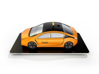 Yellow electric taxi on smart phone. Concept for mobile taxi order service.