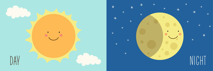 Cute smiling cartoon characters of Sun and Moon as Day and Night symbols