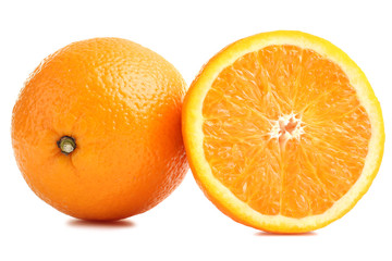 large and delicious sliced oranges laid out on a white isolated background