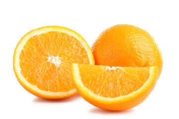 large and delicious sliced oranges laid out on a white isolated background
