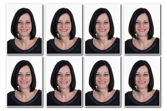 Passport picture of a woman with  dark hair - 8 photos
