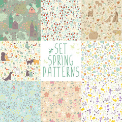 Set spring seamless patterns. 8 different backgrounds with hand-painted flowers and animals.