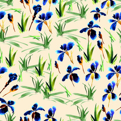 Floral pattern with flowers and leaves of blue iris