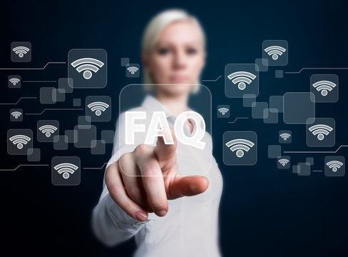Social network business WiFi woman presses button FAQ