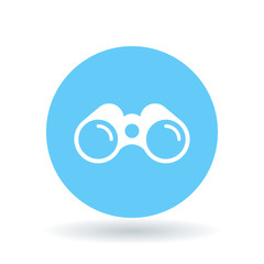 Fototapeta premium Binoculars icon. Binocular symbol. Optical instrument sign. White binocular icon on blue circle background. Vector illustration.