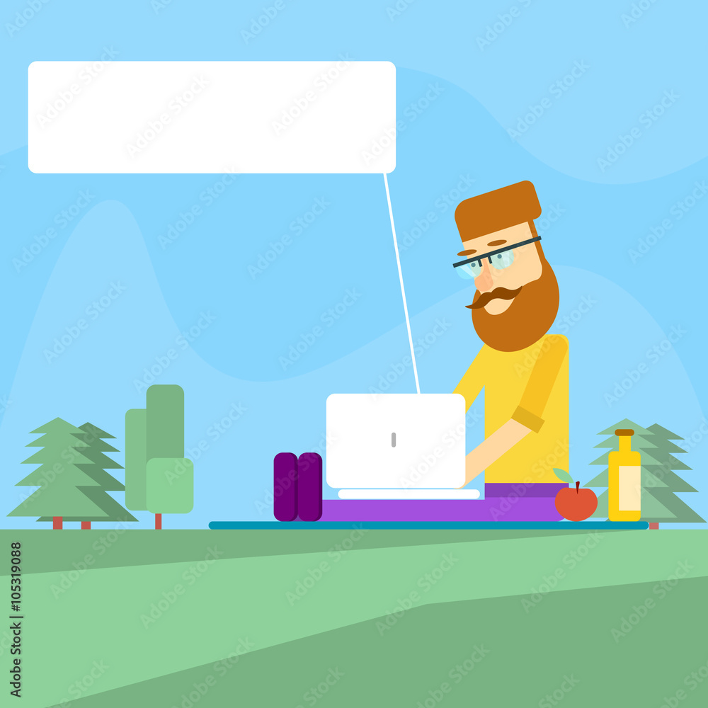 Poster man picnic in park use laptop computer chat bubble