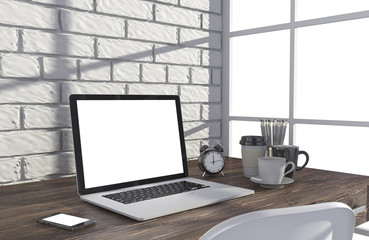 Fototapeta premium 3D illustration laptop and work stuff on table near brick wall, Workspace