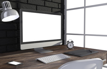 Fototapeta premium 3D illustration PC screen on table in office, Workspace