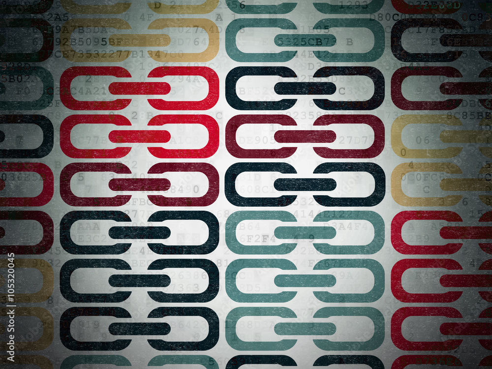 Poster web development concept: link icons on digital paper background
